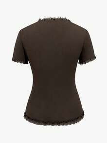 SHEIN Women's Rhinestone Lace Trim Letter Print Short Sleeve T-Shirt - Brown - View 2