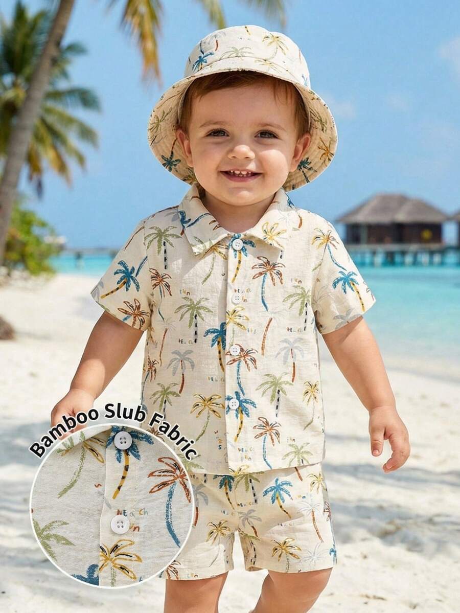 SHEIN Playful Pals 2件組男嬰米色椰子樹印花短袖領口襯衫與鬆緊腰短褲 夏季波西米亞度假節日海灘套裝 6M-3T - 杏色 - 查看 1