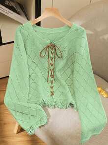 SHEIN LUNE Women's Fashionable Colorblock Tie-Up Hollow Floral Fringe Pullover Sweater, Autumn - Mint Green - View 6