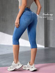 Flexra Women's Button Waist Design Pocket Skinny Capri Jeans - Blue - View 2