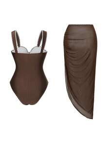 Swim Oasis 两件式高端女士连体泳衣，撞色滚边设计，优雅钢圈衬垫泳衣，荷叶边长裙，适合海滩度假和泳池派对 - 咖啡棕 - 查看 2