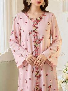 Modelyn 女士编织花卉印花荷叶边宽松长袖阿拉伯连衣裙 - 粉色 - 查看 6