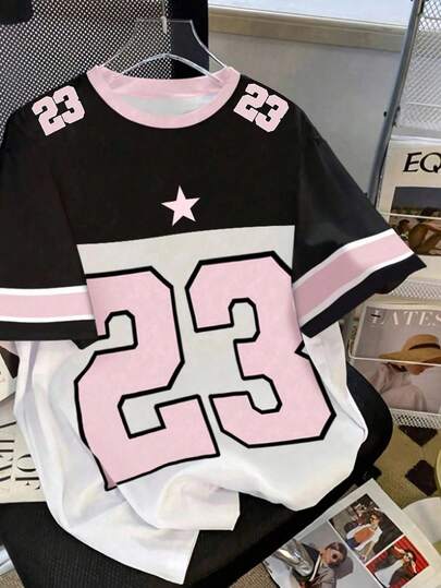 Camiseta informal para mujer, American Vintage, estampado negro y rosa, n.º 23, manga corta. Nueva llegada de verano para mujer, camiseta holgada y favorecedora, estilo sudadera, manga corta.