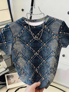 Resyla Women's Casual Denim Effect Print Round Neck Short Sleeve T-Shirt, Summer - Multicolor - View 3