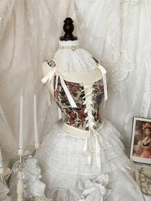 Lyrianda New Arrival French Rose Print Front Tie Bustier, Spaghetti Strap Crop Top, Waist Tie Camisole, Casual Versatile Bowknot Cropped Tank Top For Summer - Multicolor - View 4