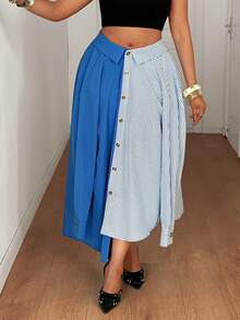 Maweii 女士春夏时尚个性条纹拼接休闲半身裙，时尚高端度假街头休闲装，独特设计优雅大码半身裙 - 藍色 - 查看 6