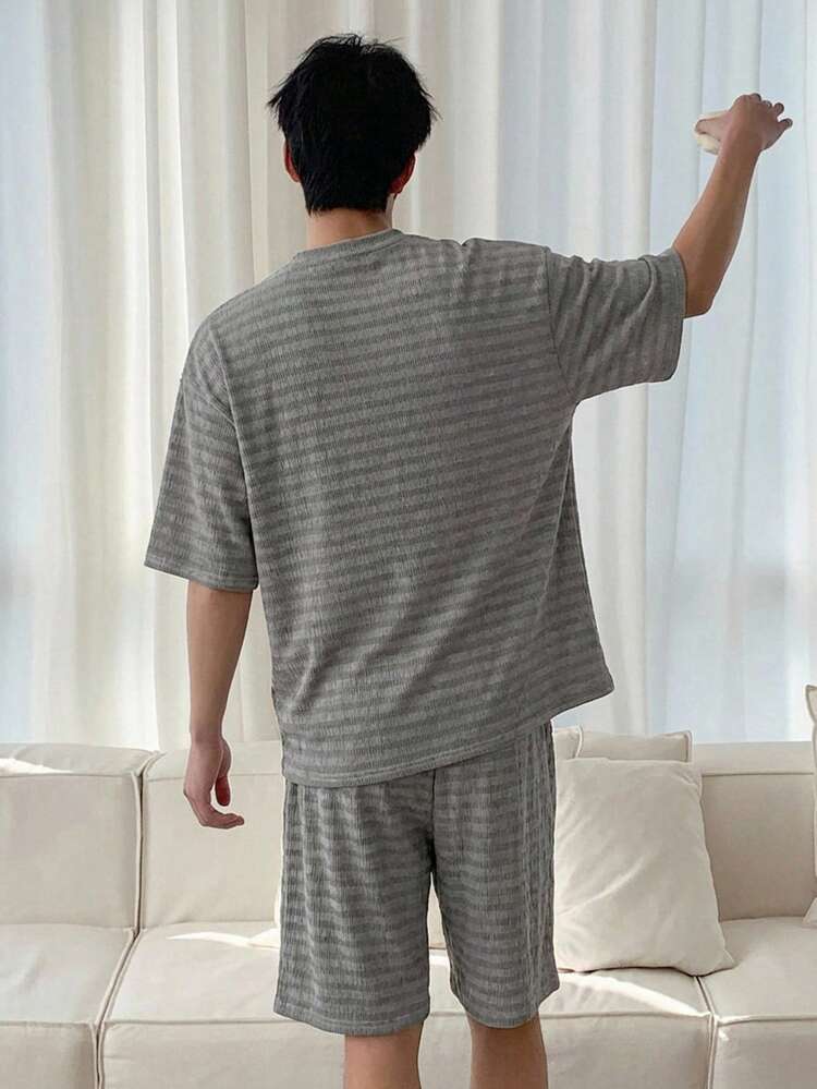 Men's Grey Short Sleeve Top And Shorts Pajama Set, Summer