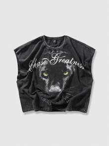 ROMWE MEN Street Life Áo tank top nam dáng rộng cổ tròn, in chữ và họa tiết, thích hợp mặc mùa hè. - màu đen - Xem 1