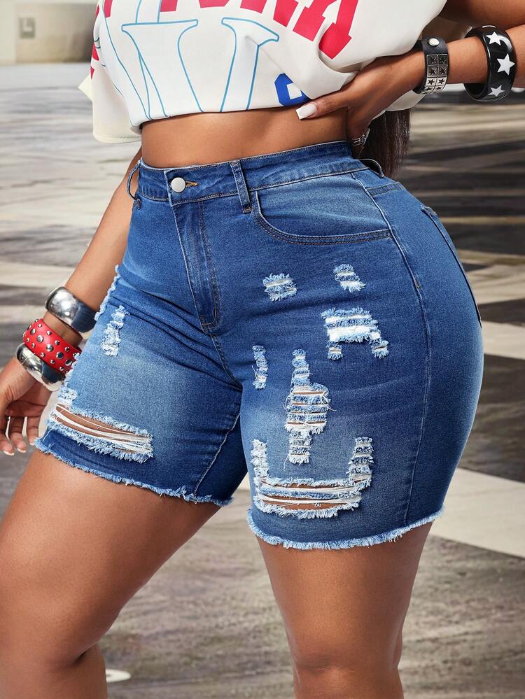 Slaydiva Plus Size Women Spring Cowgirl, Blue Denim Elastic Distressed Frayed Hem Sexy Shorts - Medium Wash - View 3