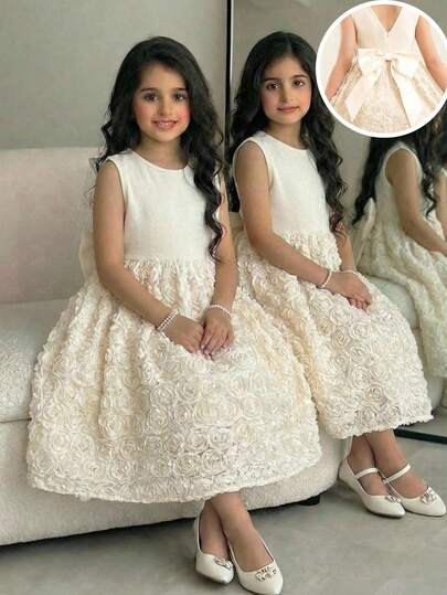 Tween Girl Elegant Embroidered Patchwork Backless Bow Decor Mesh Patchwork Dress, Apricot Color, Spring/Summer