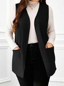 Miaspire Chaqueta casual suelta de bolsillo sin mangas de unicolor, para mujer, para primavera/verano, ropa de verano, atuendos de vacaciones / Vacaciones en otoño/invierno (talla grande) - Negro - Ver 5