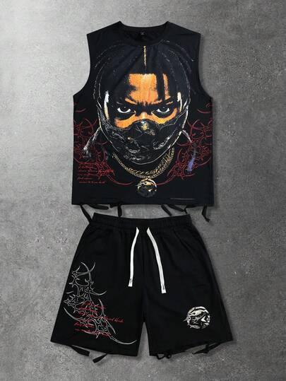 ROMWE MEN Men's Graphic Tank Top And Shorts Set, American Street Style Portrait & Text Print, Distressed