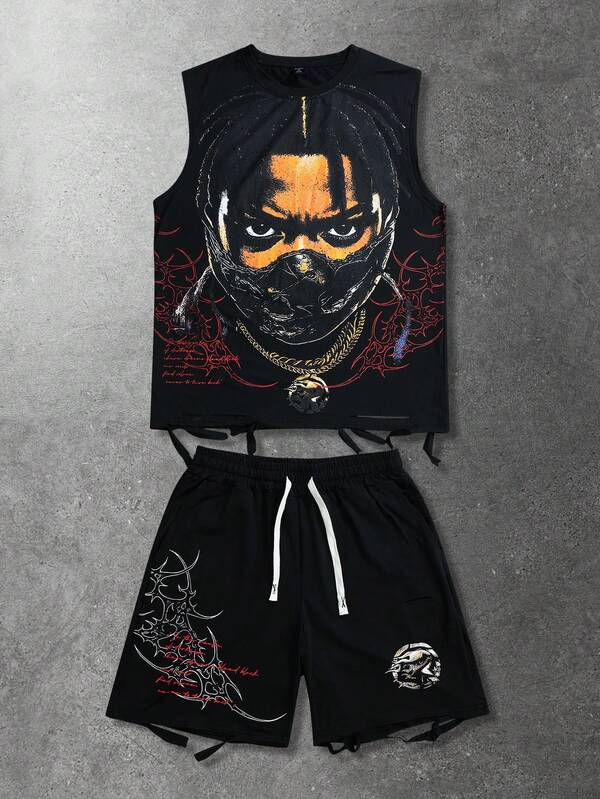 ROMWE MEN Men's Graphic Tank Top And Shorts Set, American Street Style Portrait & Text Print, Distressed