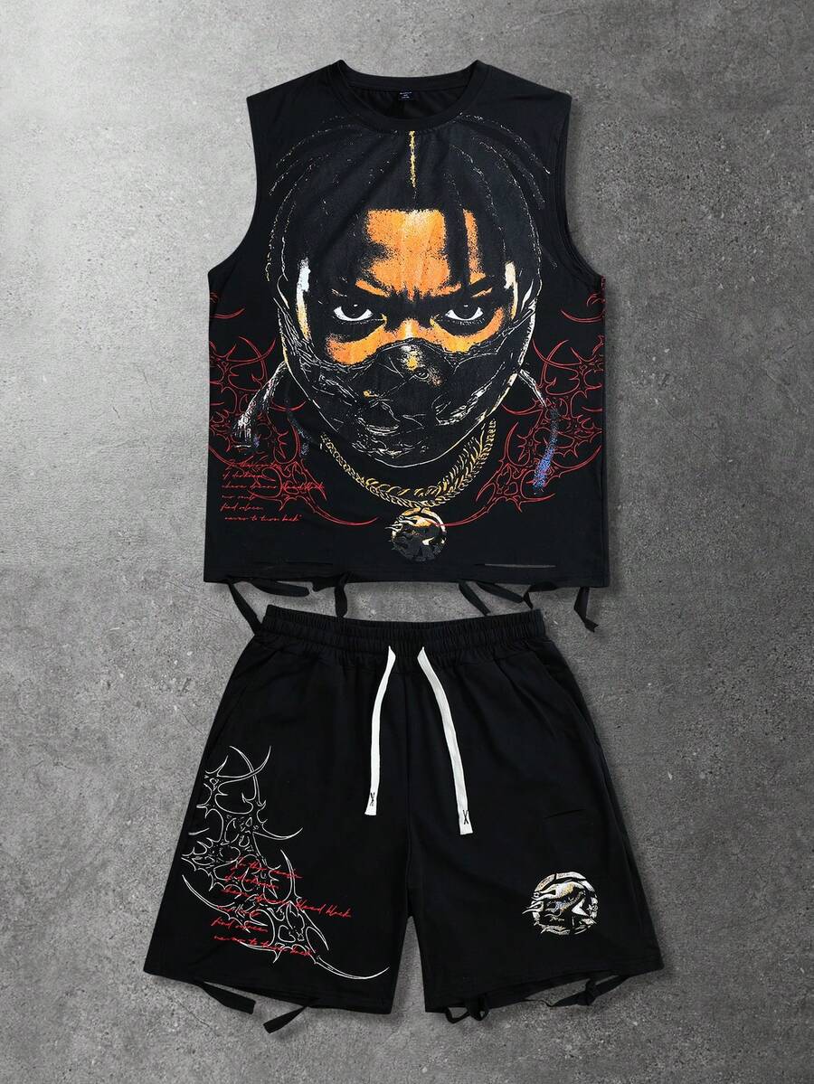 ROMWE MEN Street Life Men's Graphic Tank Top And Shorts Set, American Street Style Portrait & Text Print, Distressed - Black - View 1