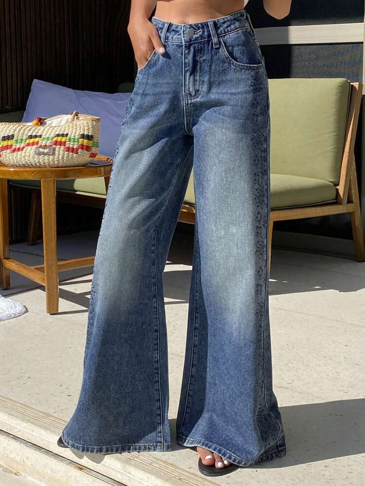 Women's Regular Waist Rhinestone Embellished Flare Jeans, Sexy Casual Pants Vacation Outfits Women