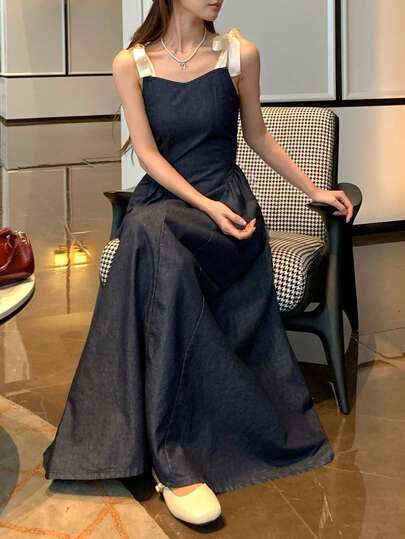 DAZY Vestido largo de mezclilla elegante con cintura ceñida, parches de color contrastante y sin mangas