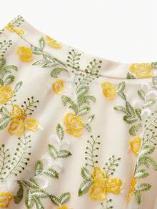 ZEYLAH 对比色网眼花卉刺绣飘逸短裙，长裙，情人节，春夏 - 彩色 - 查看 4