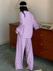 DAZY 2件套可爱小熊波点宽松长袖T恤和长裤睡衣套装，春季女装 - 淡紫色 - 查看 2