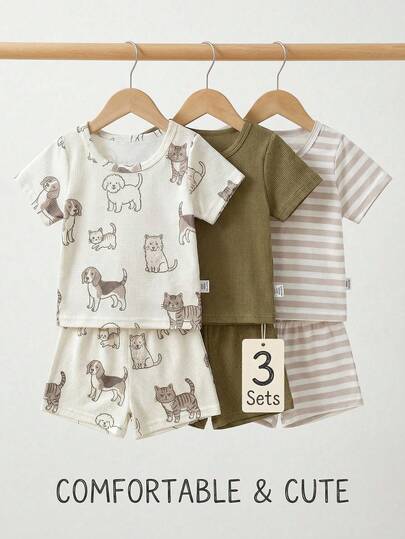 SHEIN Conjunto de 6 piezas de mono corto de manga corta con estampado asimétrico del Rey León, adecuado para que los bebés lo usen en todas las ocasiones durante el verano. 3 patrones de color diferentes brindan talla grande opciones, es de moda y adorable.