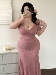 Vibekara Đầm cỡ lớn cổ chữ V sâu, tay ngắn, bèo nhún, chun co giãn, dáng đuôi cá ôm sát, chất liệu ren xuyên thấu, thanh lịch, gợi cảm kiểu Pháp, thích hợp cho tiệc tùng và hẹn hò. - Hồng - Xem 4