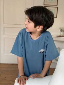 DAZY Camiseta de manga corta casual y holgada de cuello redondo y hombros caídos para niños pequeños en verano - Azul - Ver 1