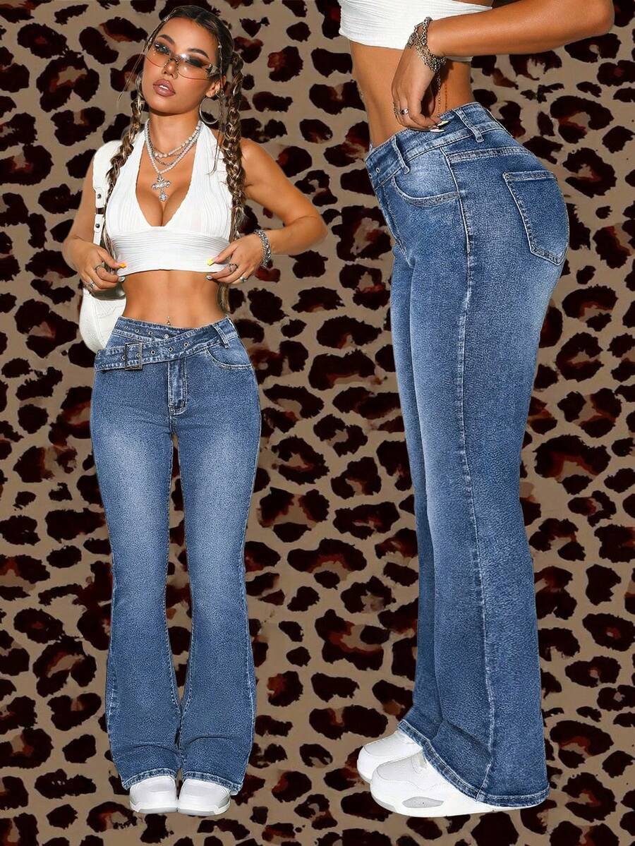 SHEIN ICON Asymmetric Waist Distressed Bell-Bottom Jeans - Medium Wash - View 1