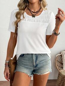 LanaWest Áo thun nữ tay ngắn cổ tròn xếp ly đơn giản, màu trơn, thích hợp cho các buổi đi chơi, hẹn hò, du lịch và mặc đi làm vào mùa hè. - trắng - Xem 1