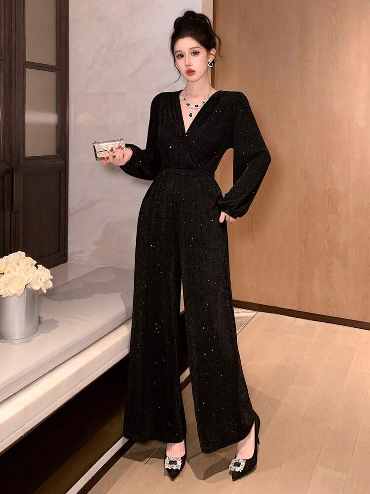 Spring & Summer Black Shiny Sequin Elegant Shirt Style Jumpsuit, Loose Casual Flare Sleeve Long Sleeve Romper Suitable For Valentine's Day, Wedding, Party, Formal Occasion