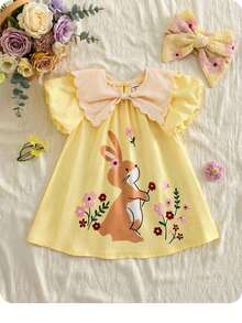 Süßes Cartoon-Muster gelbes Kleid mit Peter-Pan-Kragen und kurzen Ärmeln für Baby Mädchen, süßes Tier-Muster-Kleid für den Sommer, Prinzessinnen-Kleid mit Flügelärmeln, Schleifenkragen-Kleid. Geeignet für Frühling und Sommer, kann an verschiedenen Orten getragen werden, wie z.B. Innen- und Außenpartys, Geburtstage, Picknicks usw. - Verschiedenfarbig - Übersicht 8