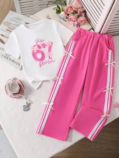 两件套时尚白色T恤搭配品红色长裤，适合少女穿着。面料柔软舒适，适合外出、拍照、运动、上学等场合，百搭实用，是夏季必备单品。