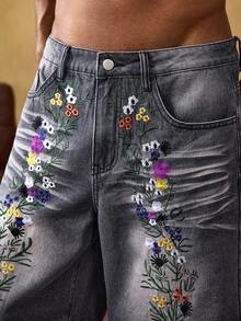 ROMWE MEN Men's Fashion Embroidered Pocket Denim Shorts - Grey - View 2