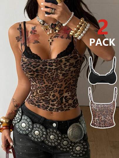 Coolane Women's Spring/Summer Streetwear Vintage Western Wear Sexy Leopard Print Sheer Camisole Top, Paired With Black Lace Spaghetti Strap Bra 2-Piece Set Leopard Top Corset Top