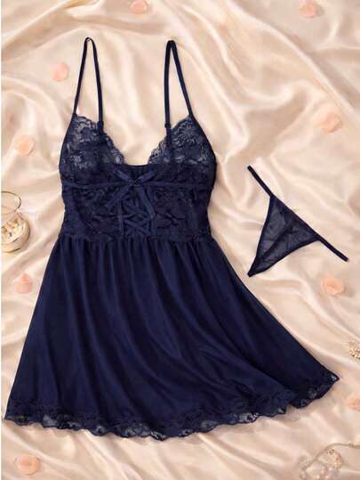 Conjunto de camisón sexy de dos piezas de talla grande para mujer, color sólido con encaje en contraste, pajarita, tirantes ajustables, diseño sin espalda con escote en V, bragas tipo tanga, camisón cómodo