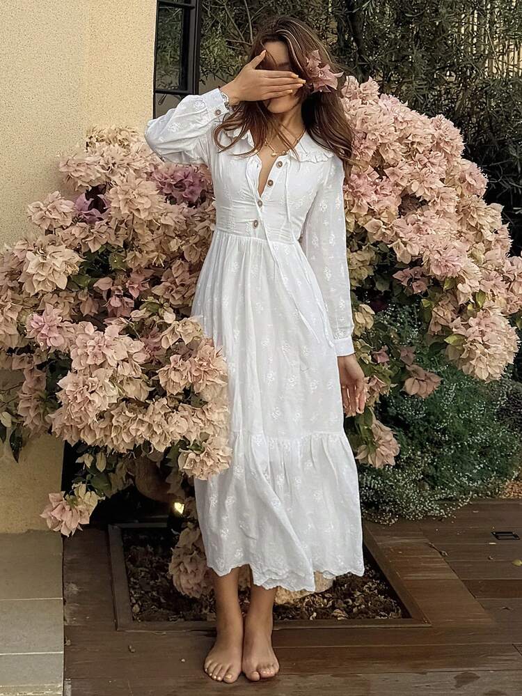 French Peter Pan Collar Waist Cinched Dress, French Elegant Style Long Dress For Women Dress Sundress