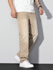 Manfinity Homme Men's Khaki Diamond Crochet Denim Jeans, Casual Straight Leg Pants - Khaki - View 8