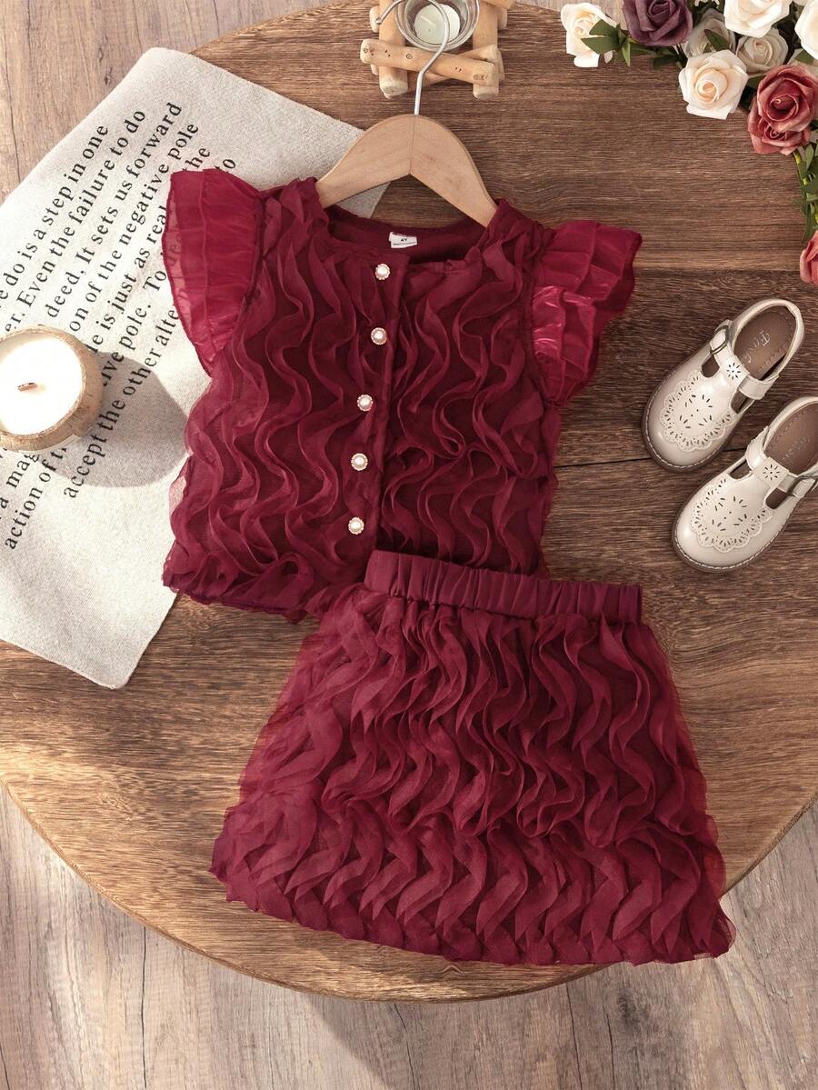 SHEIN Elladie kids 花园女孩韩版夏季新款时尚套装,3D立体花卉短袖法式上衣+半裙,可爱甜美女孩两件套 - 酒紅色 - 查看 1