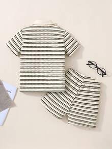 SHEIN Casuvi Kids Set de 2 piezas de top con media cremallera y pantalones cortos de tela acanalada para niño, versátil para verano, exterior, todas las ocasiones, simple y cómodo - Multicolor - Ver 5