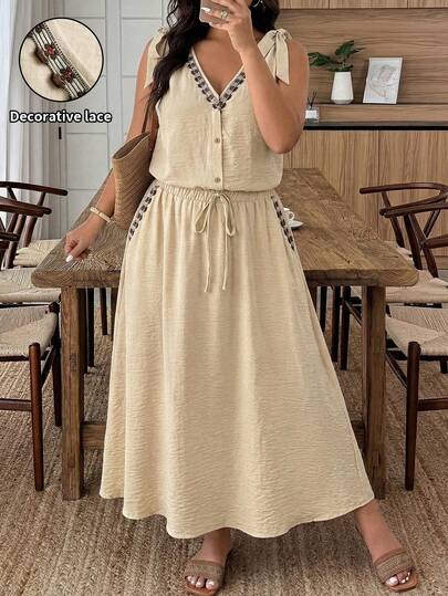 Ceyna Plus Size Women's French Casual Elegant V-Neck Single-Breasted Top And Drawstring Waist Skirt 2-Piece Set, Suitable For Daily Wear