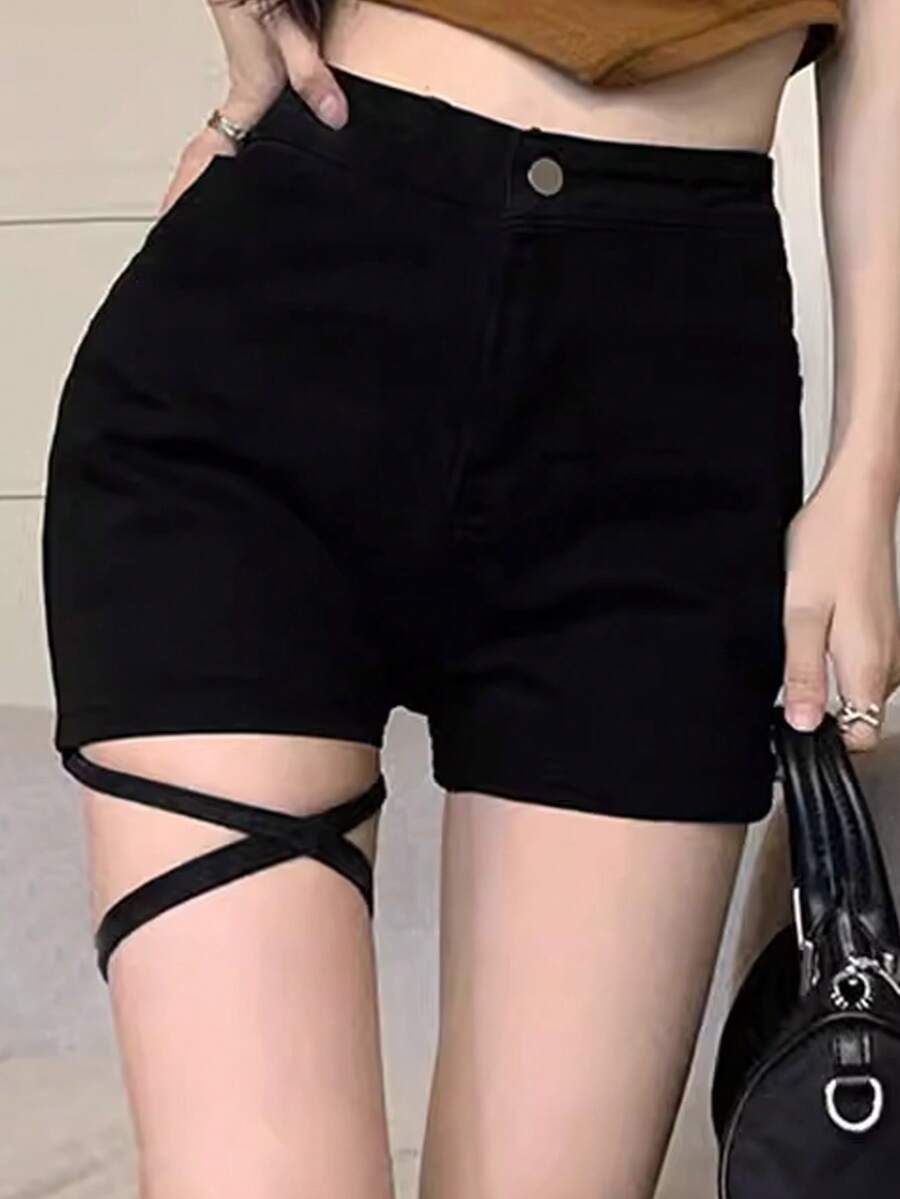 DAZY 女士纯色休闲高腰日常短裤,夏季 - 黑色 - 查看 1