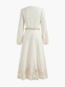 ZEYLAH 亚麻对比蕾丝腰带连衣裙 - 杏色 - 查看 3