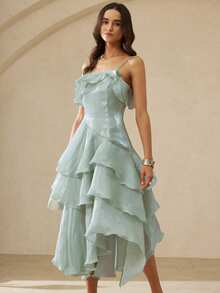 Aveloria Rosie Vestido de tirantes con volantes asimétricos de estilo romántico francés - Azul Cadete - Ver 7