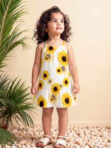 SHEIN 1pc Baby Girl6 Months - 2-3 Years) Sunflower Print Sleeveless Dress, Lightweight Fabric, Fresh & Healing Children Dress, Suitable For Beach Vacation/Casual Wear, Summer - Multicolor - View 3