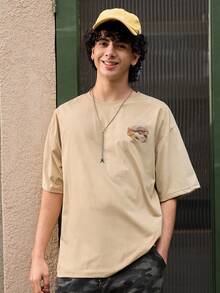 Open Phase 1pc Men's Streetwear Hoodie, Loose Casual Versatile Peppy Lettering Graphic Sweatshirt With Rivet Decor, Youthful Everyday Wear, Long Sleeve Top Spring To Summer Summer Outfits,Suitable For Everyday Wear,Relaxed Fit ,Summer Holiday Outfits , Retro American, Unisex, Relaxed Fit Summer Outfits – Suitable For Everyday Wear And Summer Holiday Outfits. - Apricot - View 3