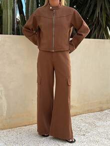 DAZY Women's Collared Long Sleeve Denim Jacket And Relaxed Straight Leg Jeans Casual Denim Suit - Coffee Brown - View 5