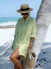 Vaclyn Women's Casual Eye Print Single-Breasted Shirt Dress - Pastel Green - View 5