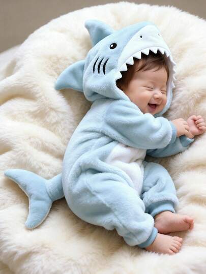 SHEIN Newborn Shark Shaped Outfit, Cute Plush Shark Shaped 3D Hat, Embroidered Shark Face, Long Sleeve Jumpsuit For Baby