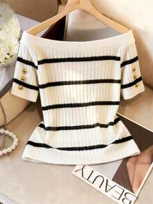 Franclia قميص تي شيرت أنيق ذو كتف مكشوف وأكمام قصيرة مصنوع من قماش مخطط أسود وأبيض مرن، مناسب للارتداء اليومي بشكل عادي وشامل - أبيض وأسود - مشاهدة 6