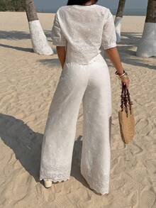 Pariaura 2pcs/Set Refreshing White Hollow Embroidery Outfit: V-Neck Tie-Up Crop Top With Ruffle Hem + Wide Leg Pants, Versatile Vacation & Work Wear, Slimming & Elegant Embroidered Set With Delicate Hollow Design - White - View 2