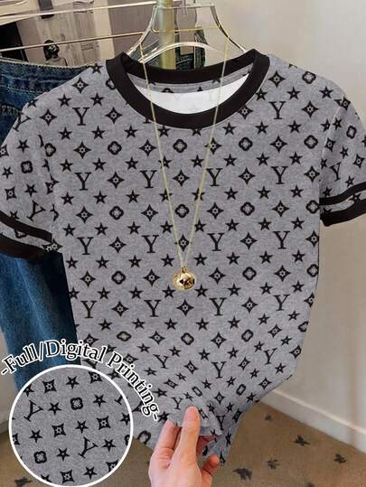 Resyla Women's Plus Size Logo Print Graphic Loose Casual Contrast Block Color Strip Round Neck T-Shirt Top