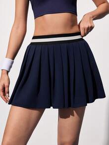 CourtClass 女士夏季休闲运动风撞色包边褶裥下摆网球裙 - 藏蓝色 - 查看 3